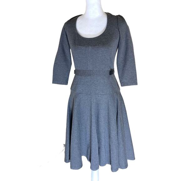 Ann Taylor Fit Flare Dress 2 Gray 3/4 length sleeve ponte stretch leather detail - Picture 1 of 13